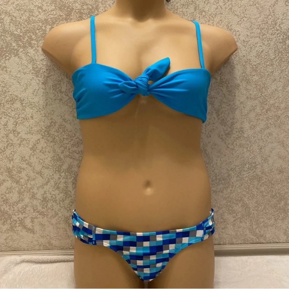 Fashion Nova Blue Knotted Bikini with Gingham Bottoms